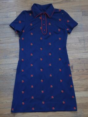 Vintage 1970s DAVID CRYSTAL Navy Strawberry Polo Dress